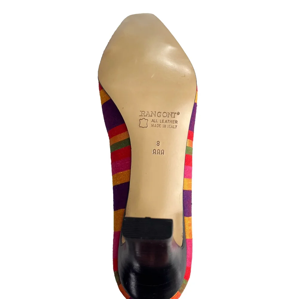 VTG Rangoni Firenze Italian Leather Silk Pumps Rainbow Striped Sz 8 AAA